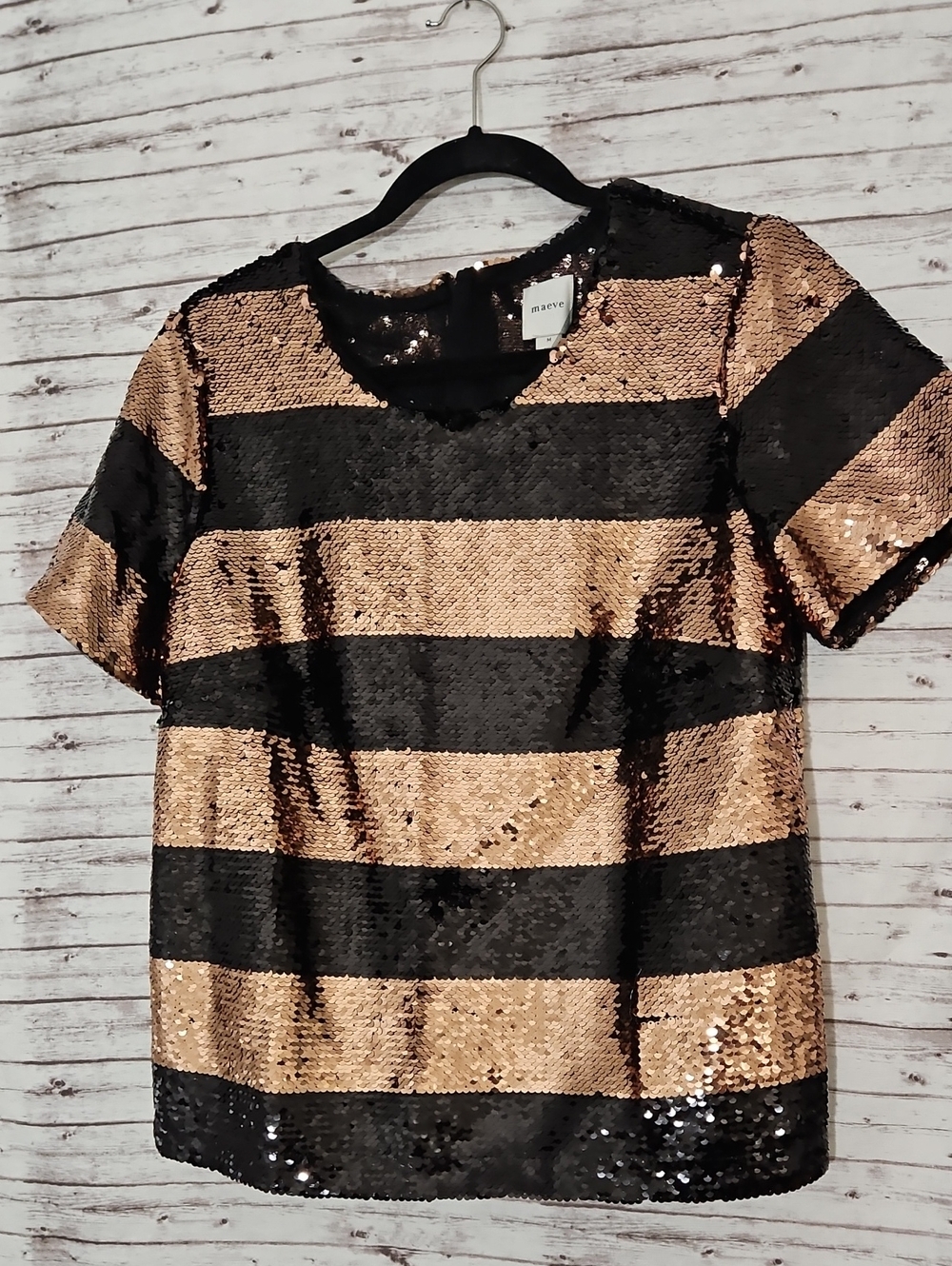 Maeve Black and Gold Striped Sequin Short Sleeve Top